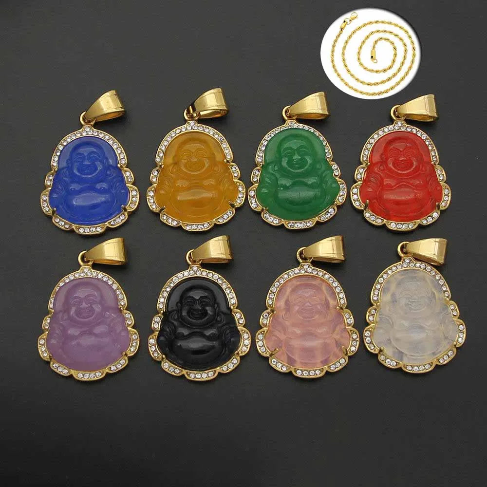 Wholesale 18k Gold Plated Rope Chain Big Crystal Maitreya Buddha Necklace Stainless Steel Green Jade Buddha Pendant Necklace