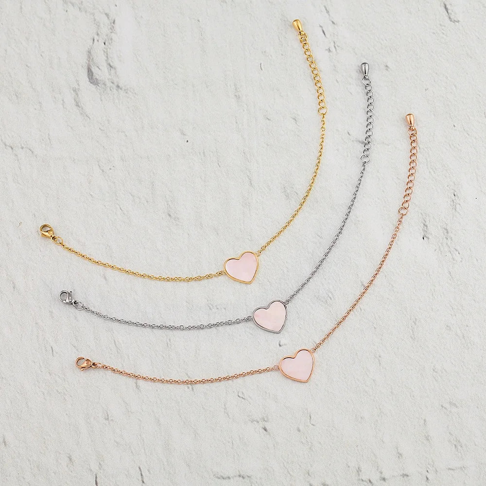 Lovely Cute Stainless Steel Pink Nature Seashell Heart Chain Bracelet Fine Charm for Mother's Day Gift