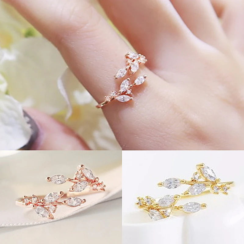 CAOSHI in Stock Korean Style Silver Gold Plated Exquisite CZ Stone Jewelry Adjustable Plant Shaped Olive Leaf Open Ring Woman