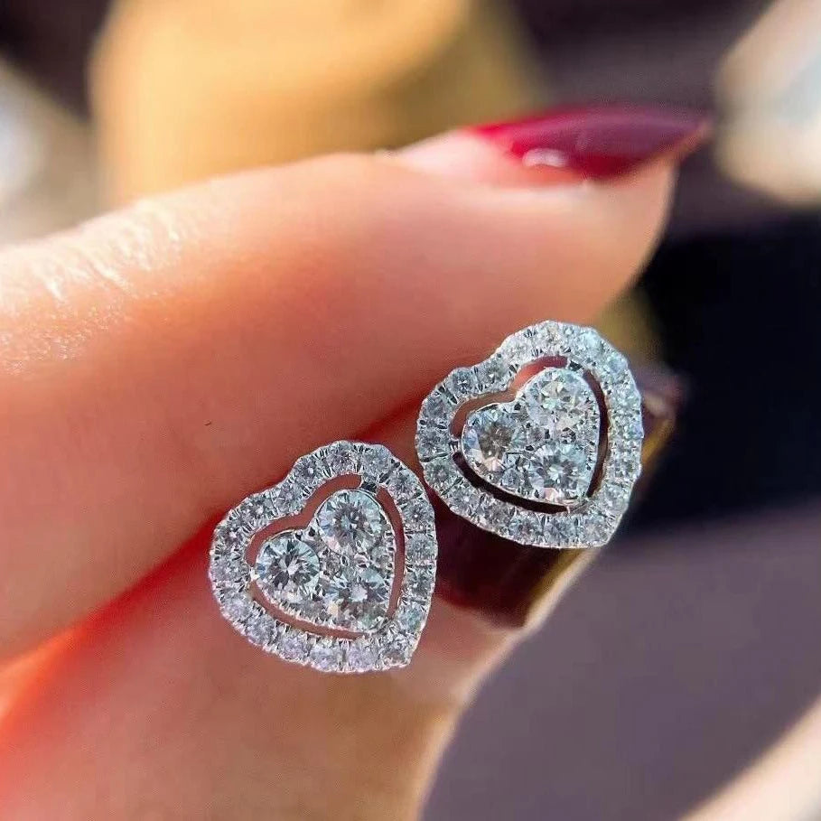 Huitan Hollow Heart Lovely Stud Earrings Hotsale 2024 Bling Bling Shiny Zircon Filled Lady Sweet Daily Heart Earrings