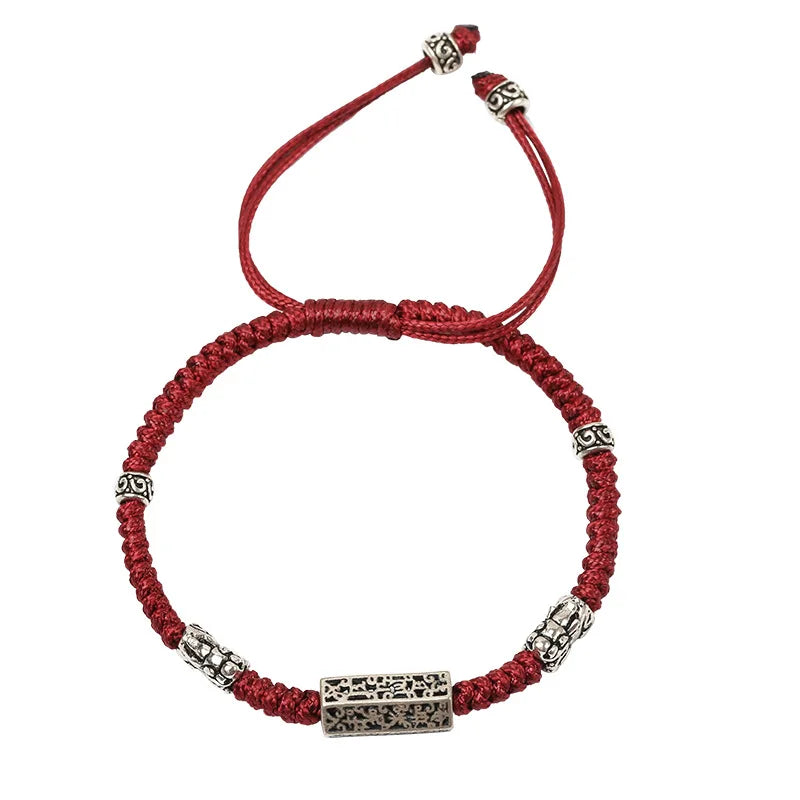 Six Words Mantra Rope Braided Bracelet 925 Sterling Silver Black Red Rope Vintage Bracelet for Men and Women Couple Luck Jewelry