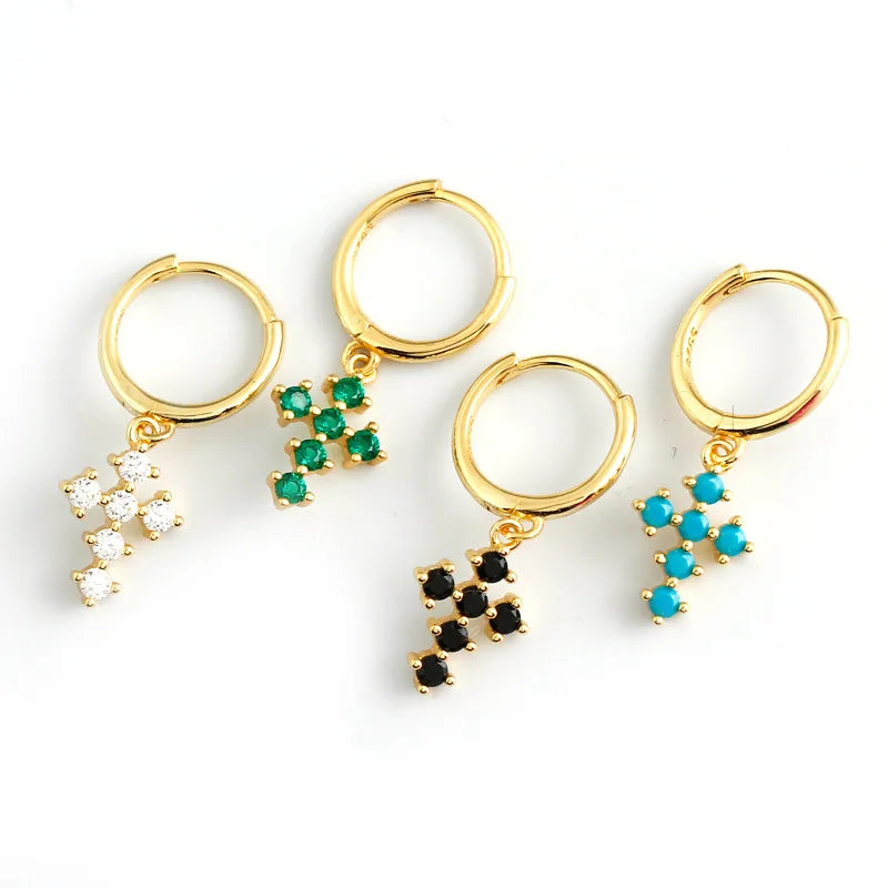 Hot Wholesale 18K Gold Plated Silver Earrings 925 Sterling Silver Colorful Zircon Cross Hoop Earrings