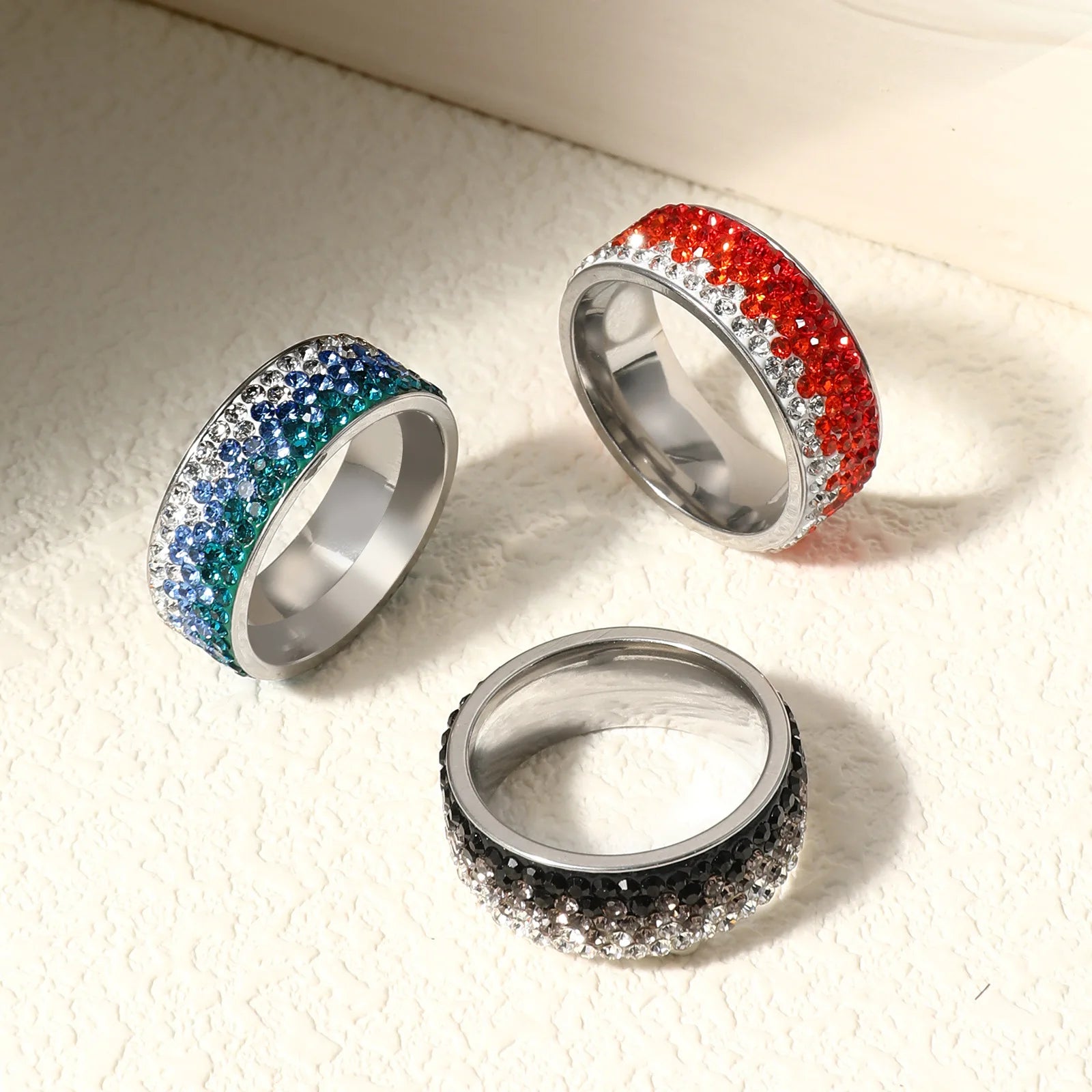 Trend Design Gradient Multi-Color Diamond Ring Stainless Steel Fashion Women's Wedding Ring with Matching Accessories
