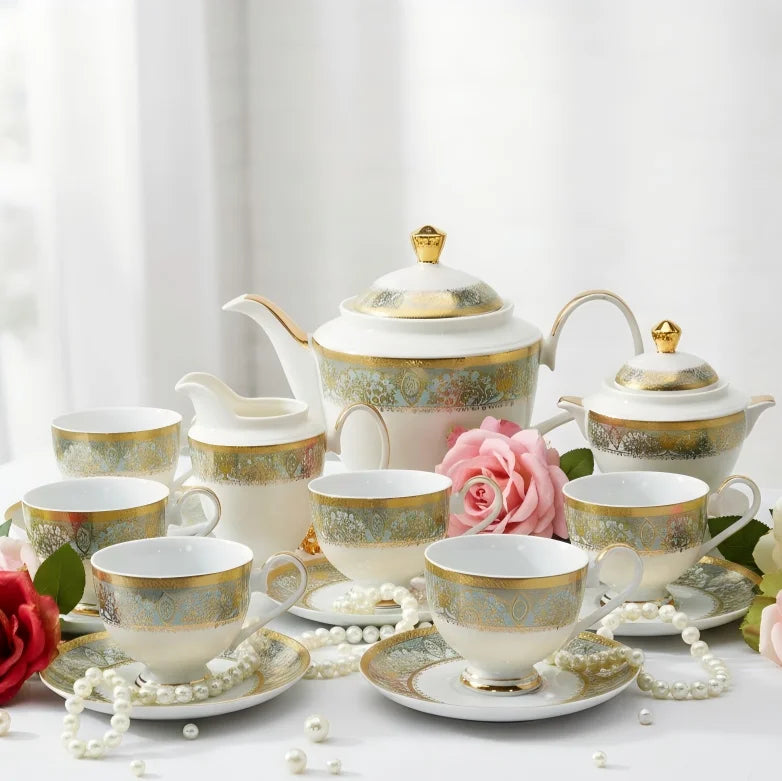 KAROSA 17pcs Embossed Gold Decorations Porcelain Bone China Ceramic Coffee Tea Cup Set Luxury Style for Afternoon Tea Set