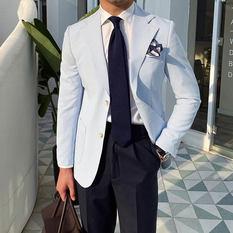 Summer Casual Men's Seersucker Suit With High Customization Style Striped Casual Suit Jacket.
