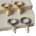 Waterproof Stainless Steel 18k Gold Plated Freshwater Pearl Bead Huggie Pendant Dangle Drop Earring Women Jewellery