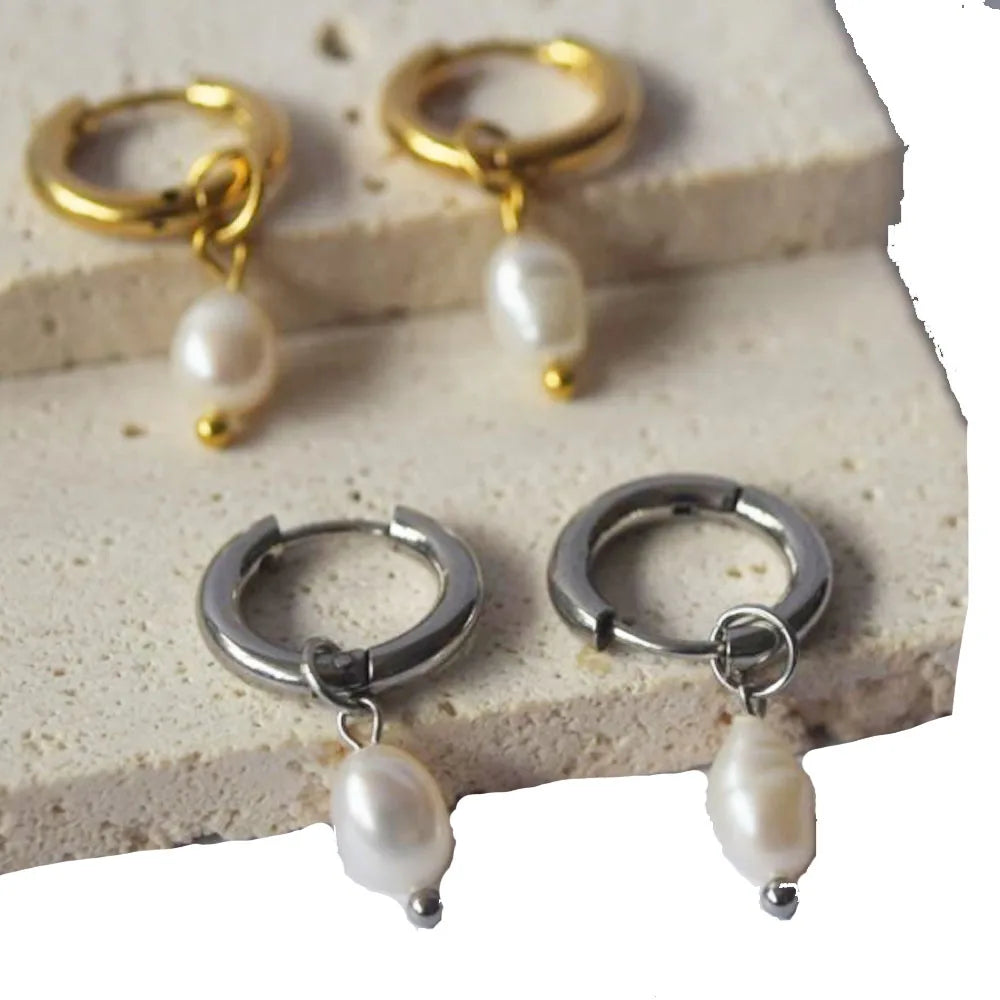 Waterproof Stainless Steel 18k Gold Plated Freshwater Pearl Bead Huggie Pendant Dangle Drop Earring Women Jewellery