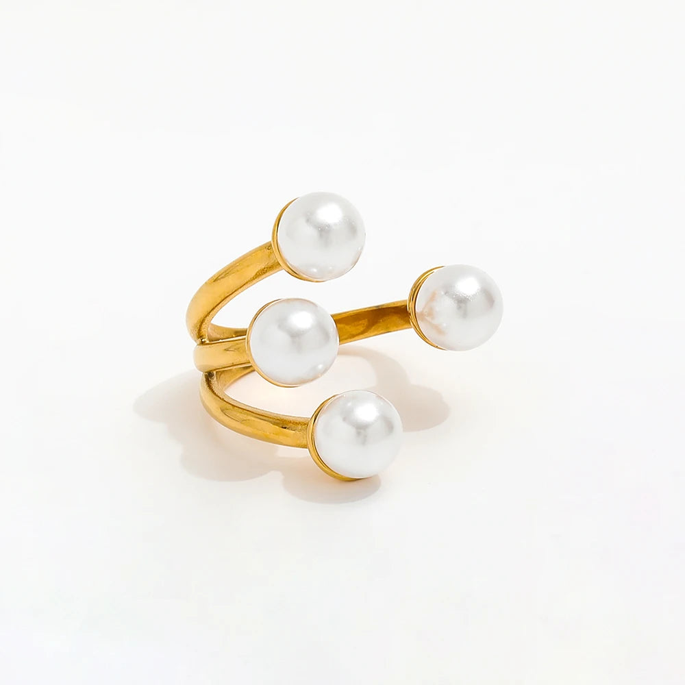 High End 18K Gold Plated Four Pearls Open Rings Stainless Steel Jewelry Trendy Finger Ring