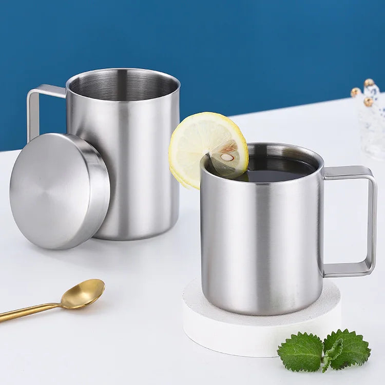 300ml 400ml Travel Camping Office Double Wall Stainless Steel Coffee Mug with Handle Lids