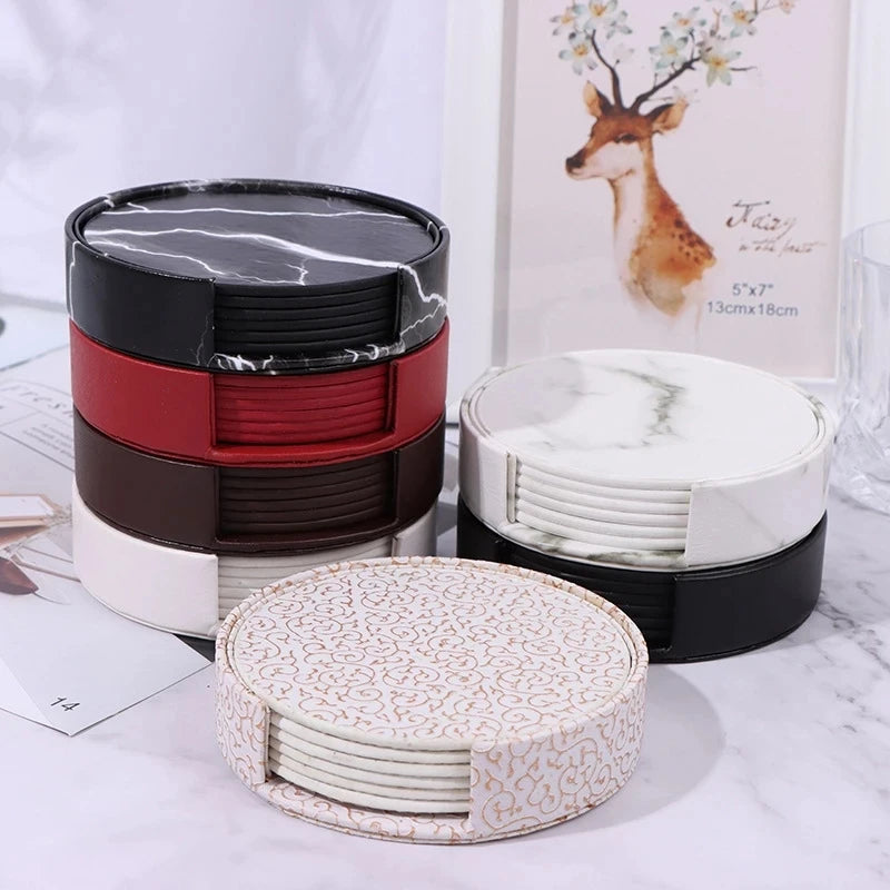 6PCS Hot Sale PU Leather Round Coaster Tea Pad  Coaster Set With Holder