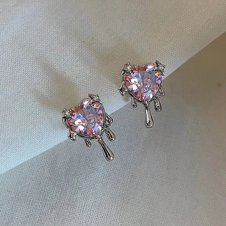 SC Sweet Girls Cherry Pink Crystal Zircon Earrings Fashion 925 Sterling Silver Needle Liquid Stars Heart Stud Earrings Women