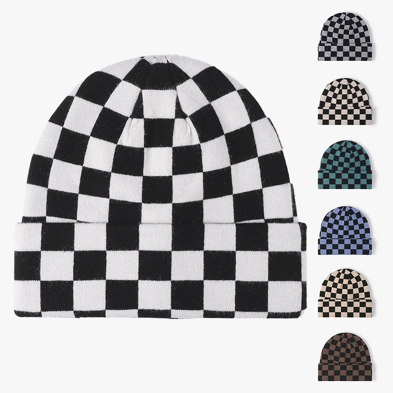 Custom Classic Winter Soft Warm Unisex Argyle Cuffed Plaid Knitted Jacquard Skull Checkered Cuff Beanie Hat