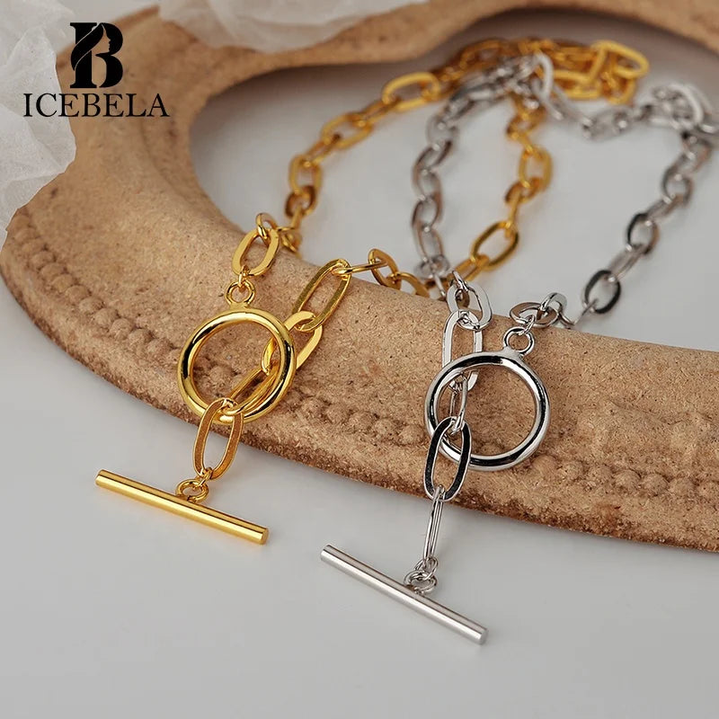 ICEBELA Jewelry 925 Sterling Silver 18k Gold Plated Chunky OT Chain Toggle Paper Clip Chain Chock Necklace