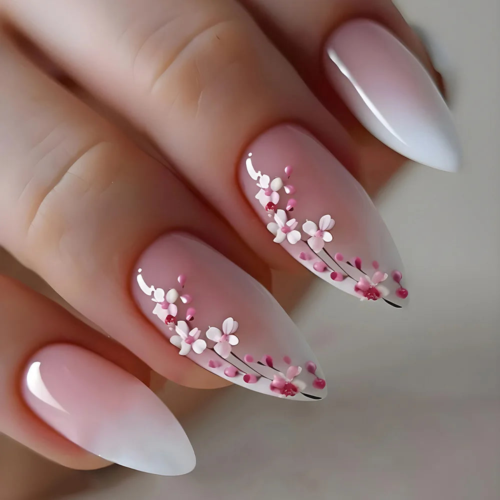 Supplier Popular Gradient Pink Medium Almond Stiletto Acrylic False Nails Press on Nails for Women