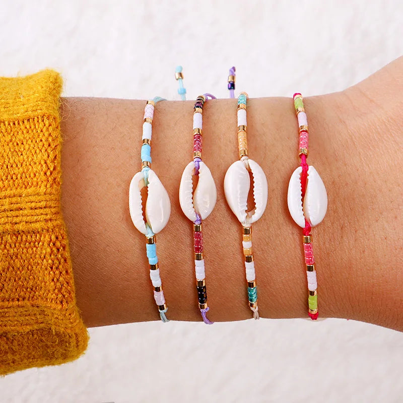 Handmade Bohemian Colorful Beads Seashell Bracelet Cowrie Shell Adjustable Rope Shell Bracelet