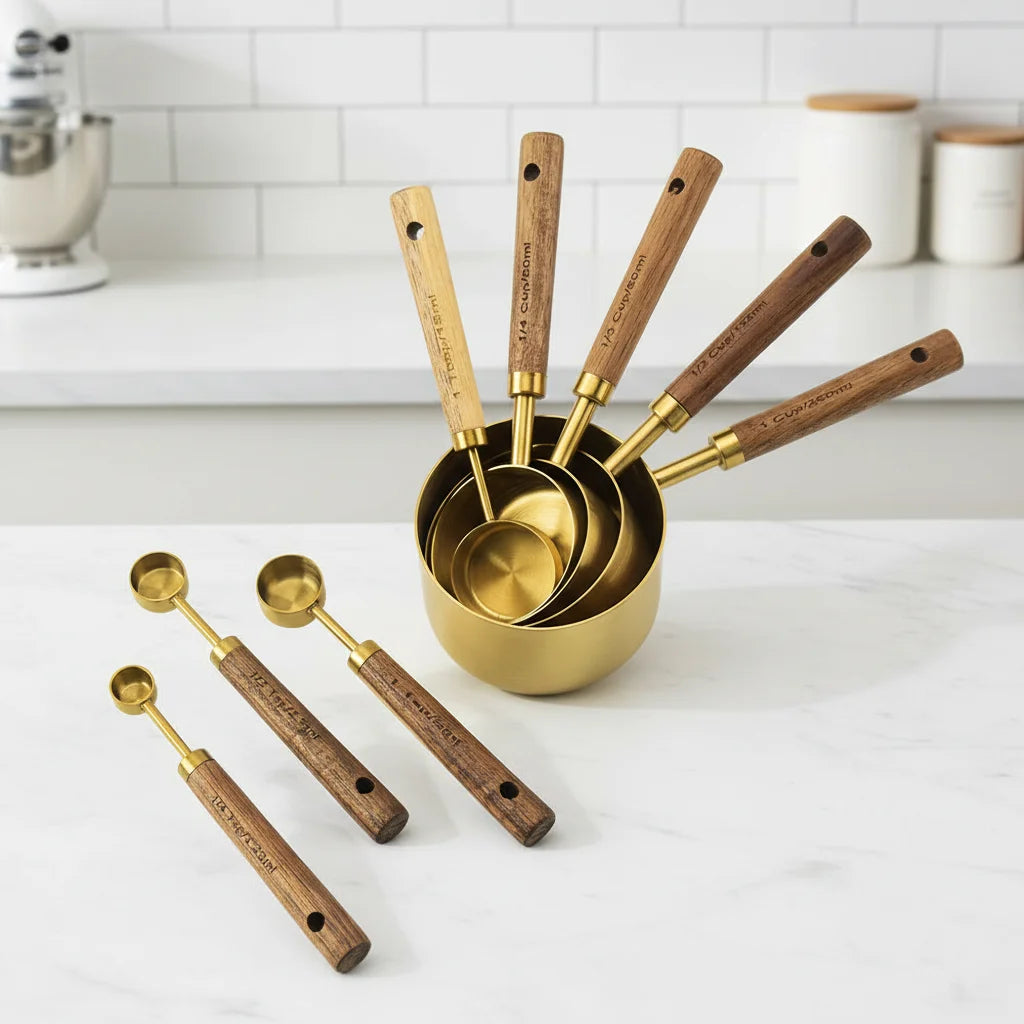 Coffee Scoop Wooden Handle Set of 8 Old-fashioned Kitchen Baking Tool Gold    Gold Measuring Cup Gold Teaspoon