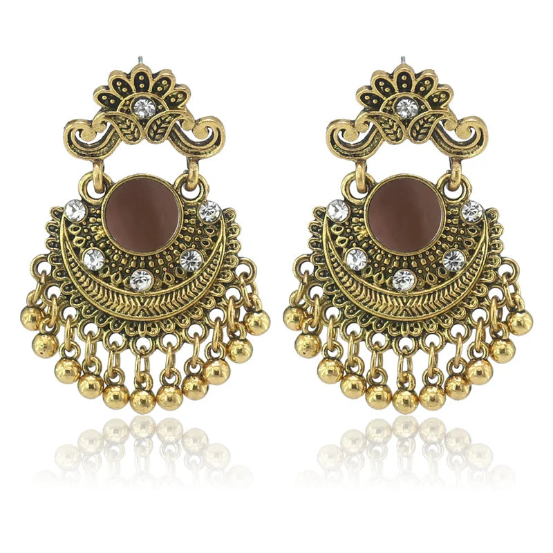 Factory Wholesale Ethnic Style Vintage Antique Gold Alloy Carved Beads Tassel India Jhumka Earring Jewelry