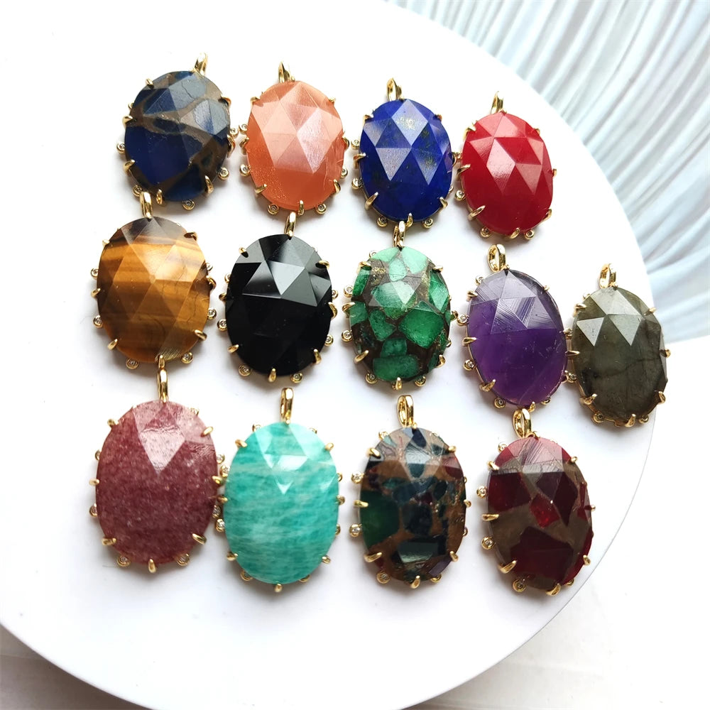 Classic Style Gold Plated Crystal Pendant Necklace New Designs Natural Gemstone Single Charm Faceted Quartz Jewelry Oval Shape