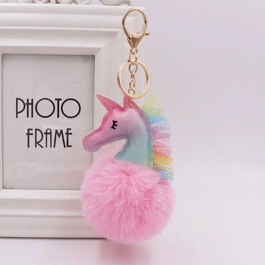 Wholesale Colors Fur Ball Cute Puff Unicorn Key Ring Pompom Fur Ball Plush Unicorn Keychain for Women Handbag Charm Accessories