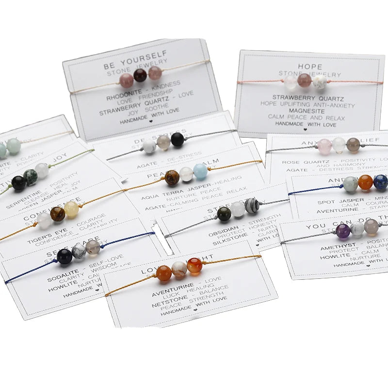 Simple Yoga Meditation Anxiety Bracelet Women Natural 7 Chakra Stone Rose Quartz Amethyst Crystal Beaded Bracelets with Cards