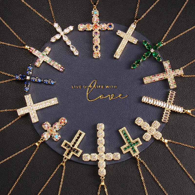 Hot Sale Gold Plated Cross Charm Necklace Brass Bling Micro Pave Cubic Zirconia CZ Cross Pendant Necklace Religious Jewelry