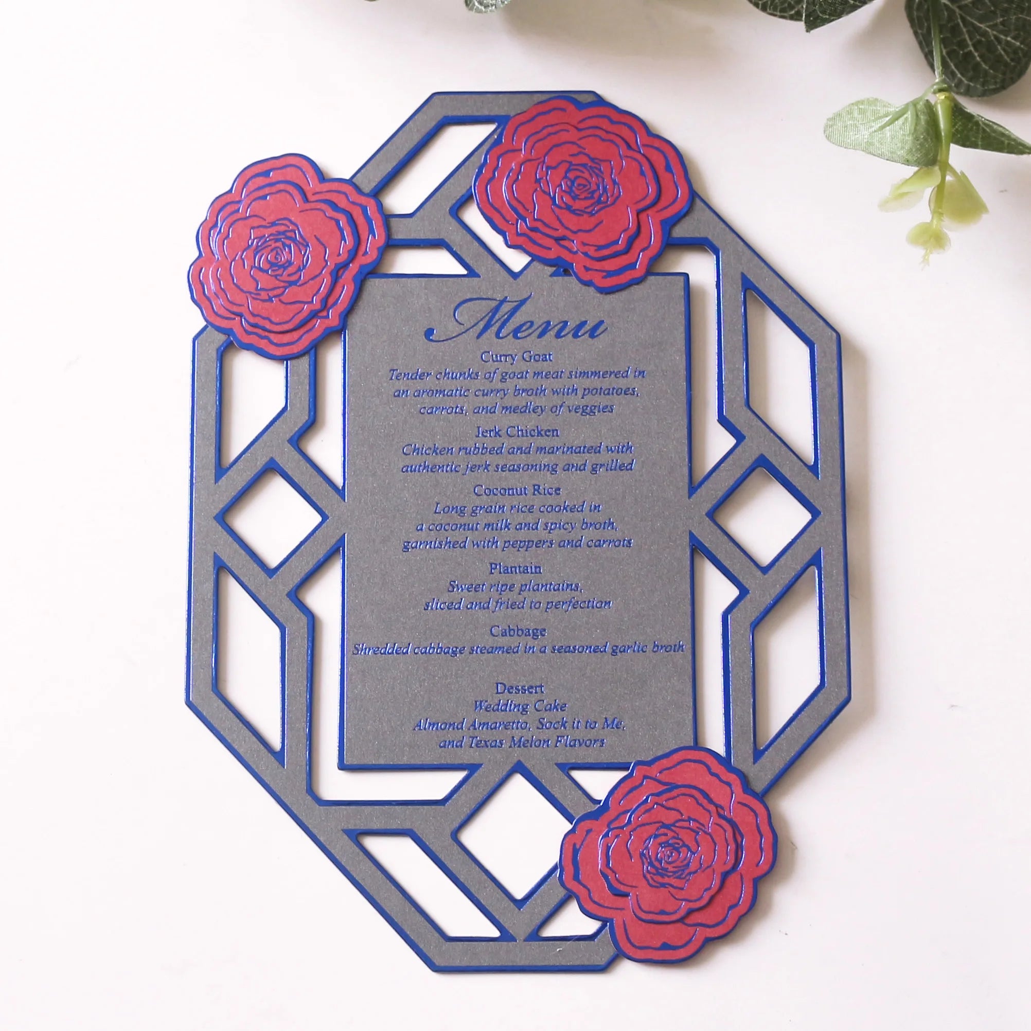 New Design Floral  Paper Menu Card with Die Cut Pattern and Blue Foil Text for Wedding & Birthday Party Event