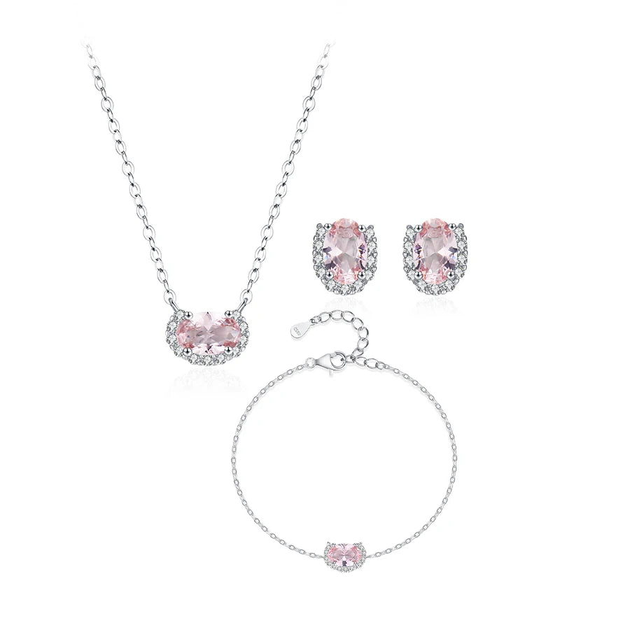 Sweet Pink Zircon Fashion Jewelry Set 925 Sterling Silver Full Diamond Necklace Earrings Bracelet Three-piece Set for Gifts