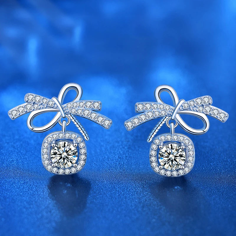 Women 2022 Fashion Cute 925 Sterling Silver Mossianite Bowknot Stud Earrings for Bride Wedding Birthday Jewelry Gift
