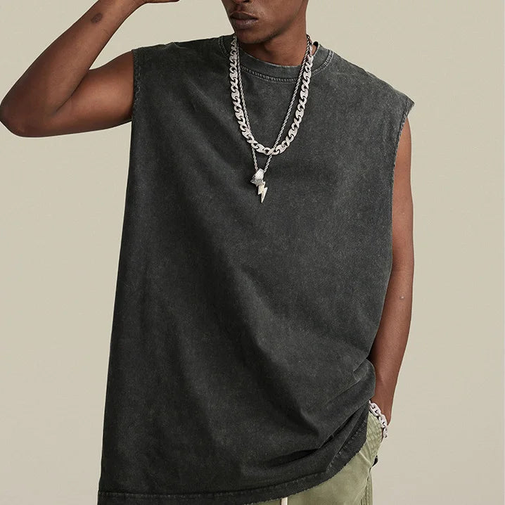 Xinglan Manufacturer Custom Streetwear Mens Vest Tank Top T Shirt Men Acid Washed Vintage Sleeveless T-shirt