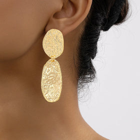 2024 New Arrival Fashion Jewelry Hammered Zinc Alloy Women New Irregular Geometric Earring Pattern Pendant Oval Metal Earrings