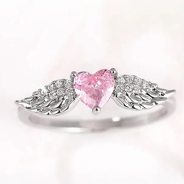 CAOSHI Elegant Angel's Wings Shaped Heart Design Pink Crystal Cubic Zirconia Finger Rings for Women Wedding Silver Plated Rings