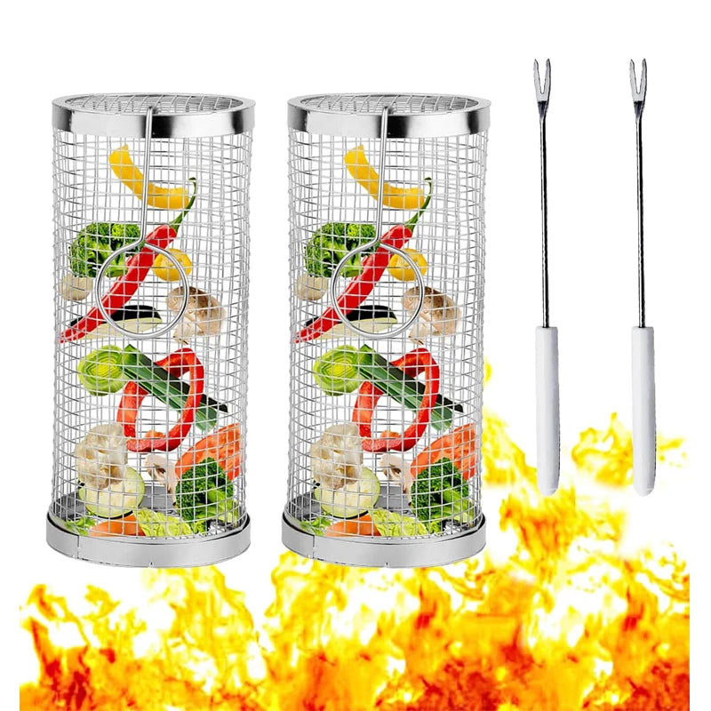 Hot Sale BBQ Grill Basket Rolling Grilling Basket Stainless Steel Mesh Barbecue Grill for Outdoor BBQ Fish Meat Vegetables