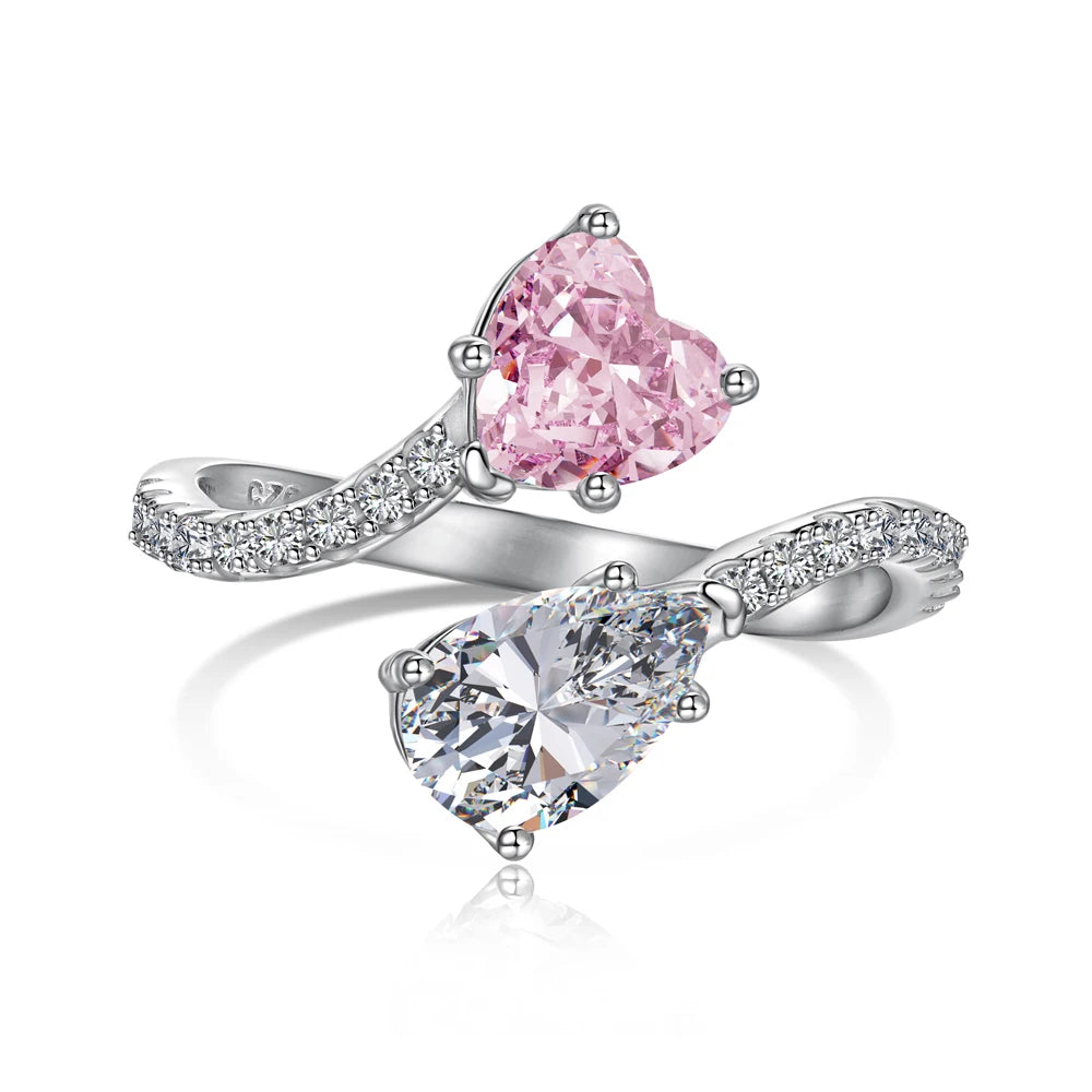 Dylam Iced Out S925 Sterling Silver Two Stone Open Adjustable Ring Cz Cubic Zirconia Yellow Pink Heart Rings Jewelry Women