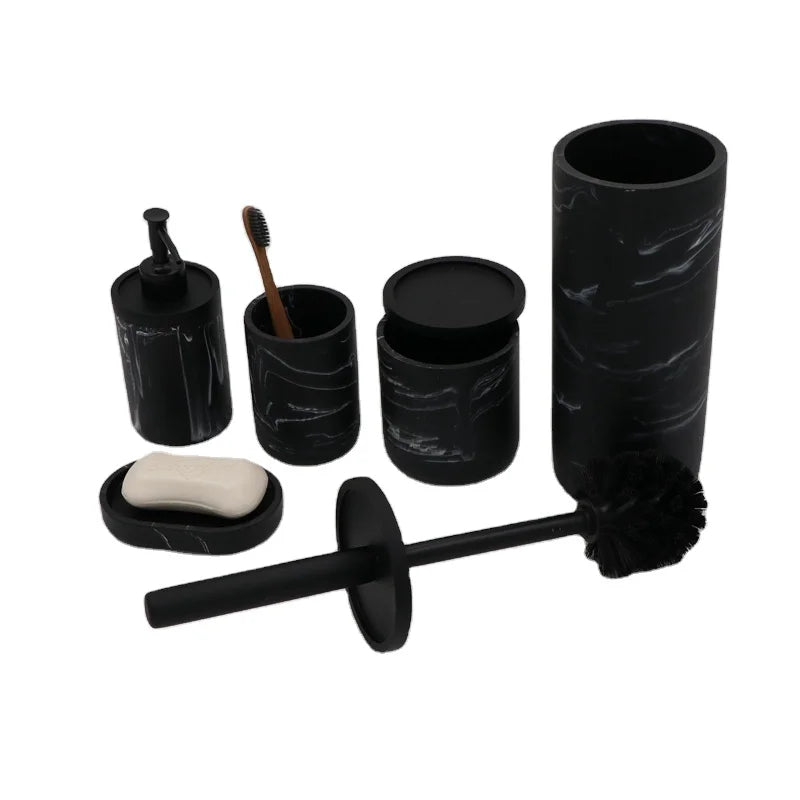 Toothbrush Holder Toilet Brush Dispenser Pump Bottle Soap Dish Mouthwash Cup Imitate Marble Black Resin Bathroom Accessory Set
