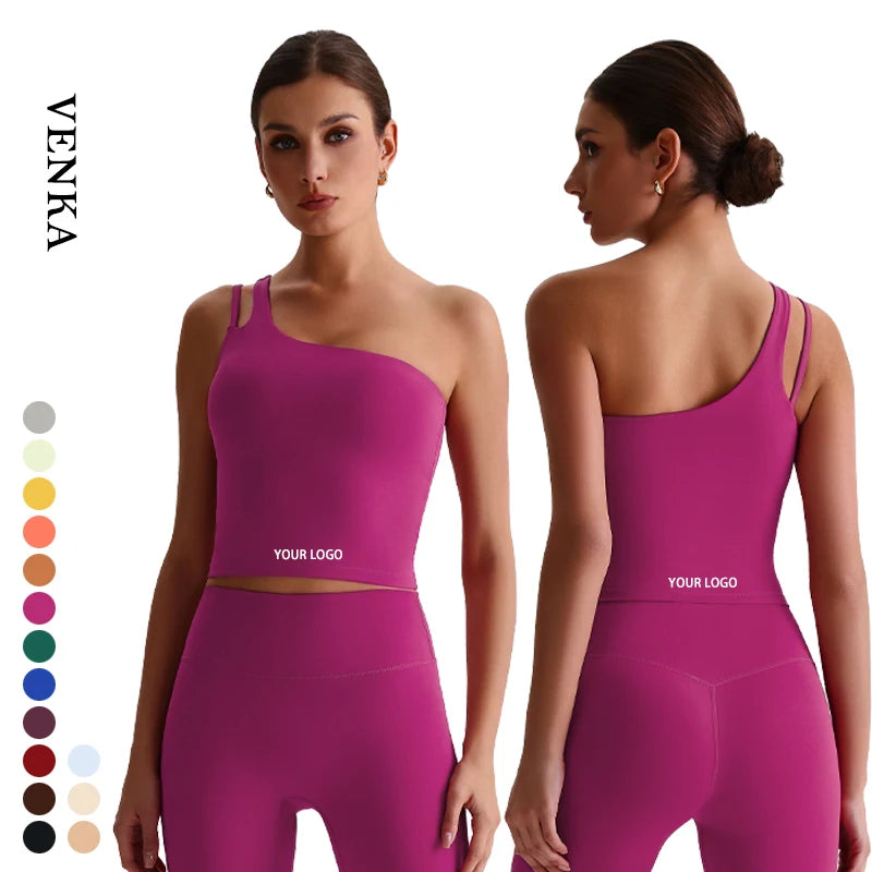 Women Slanted Shoulder Sexy Sports Crop Top Beautiful Back Gym Fitness Wear Ladies With Breast Pads Running Yoga Workout Bra