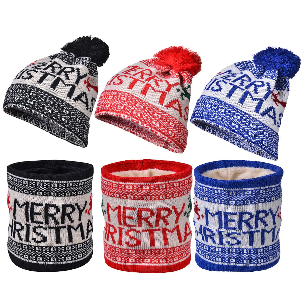 Merry CHRISTMAS Beanie Jacquard Warm Knit Beanies Hats Neck Warmer for Women Men