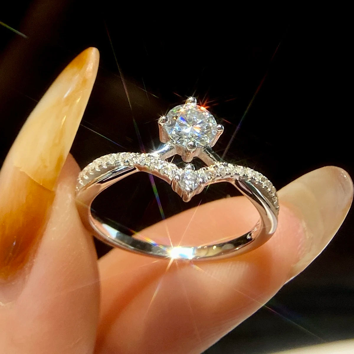 Fine Jewelry Rings Gra Diamond Moissanite 2 Row V-Shape 925 Sterling Silver  for Women Engagement
