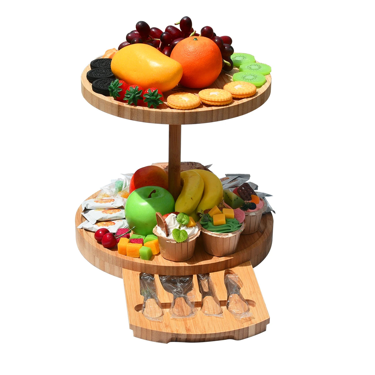 2 Tiers Round Rotary Bamboo Cheese Board and Knife Set with Food Plate for Women Bachelorette Party Gi