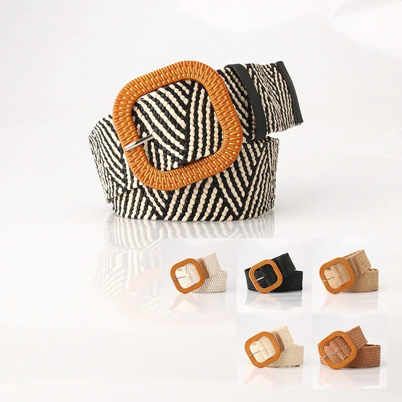 Women's Boho Fashion Ladies Wide Waist Band Dress Elastic Braided Stretch Waist Belts PP Straw Woven Fabric Belts
