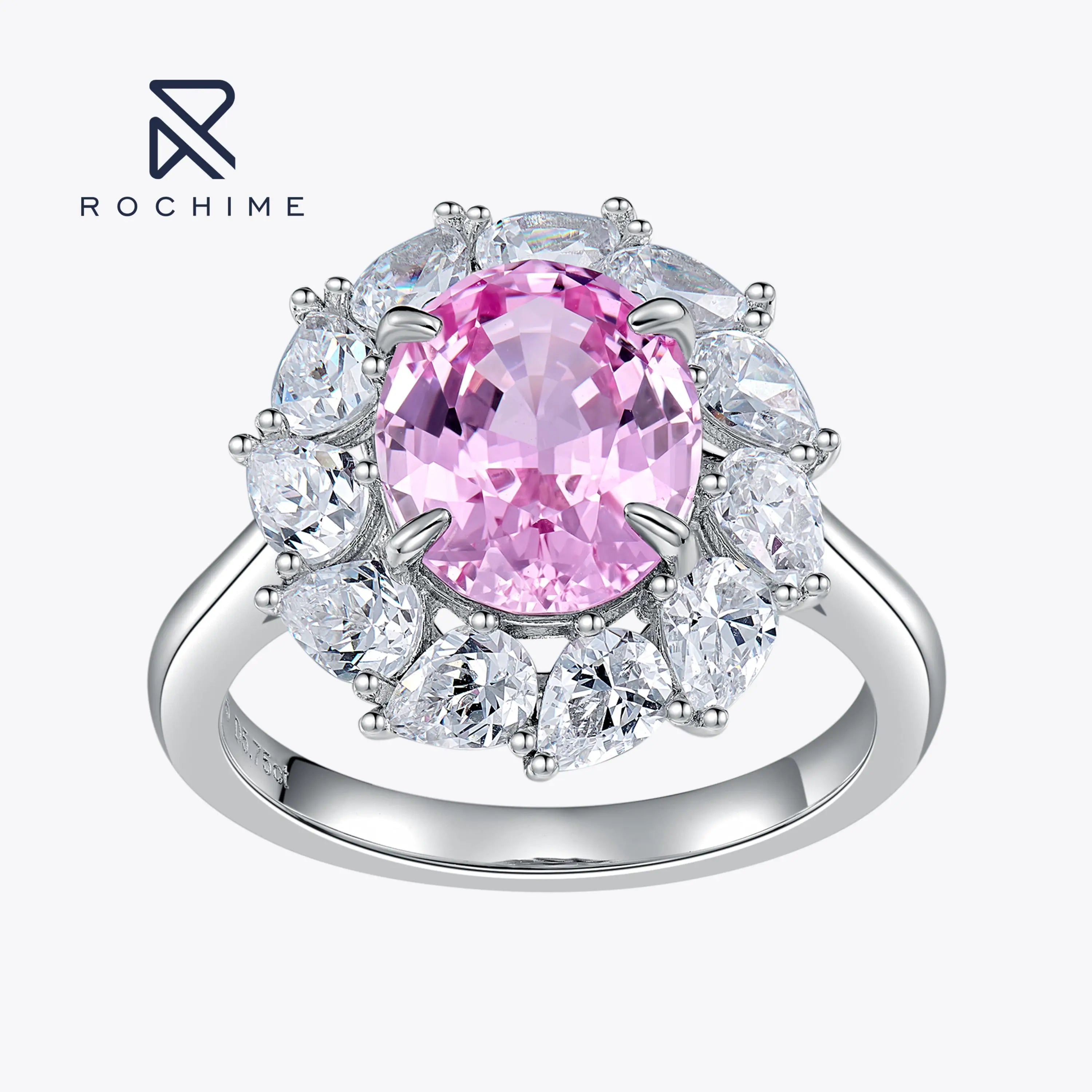 Rochime Flower Cluster Lab Grown Padparadscha pink Gemstone Rings 925 Sterling Silver Rhodium Plated  Trendy Jewelry for Women