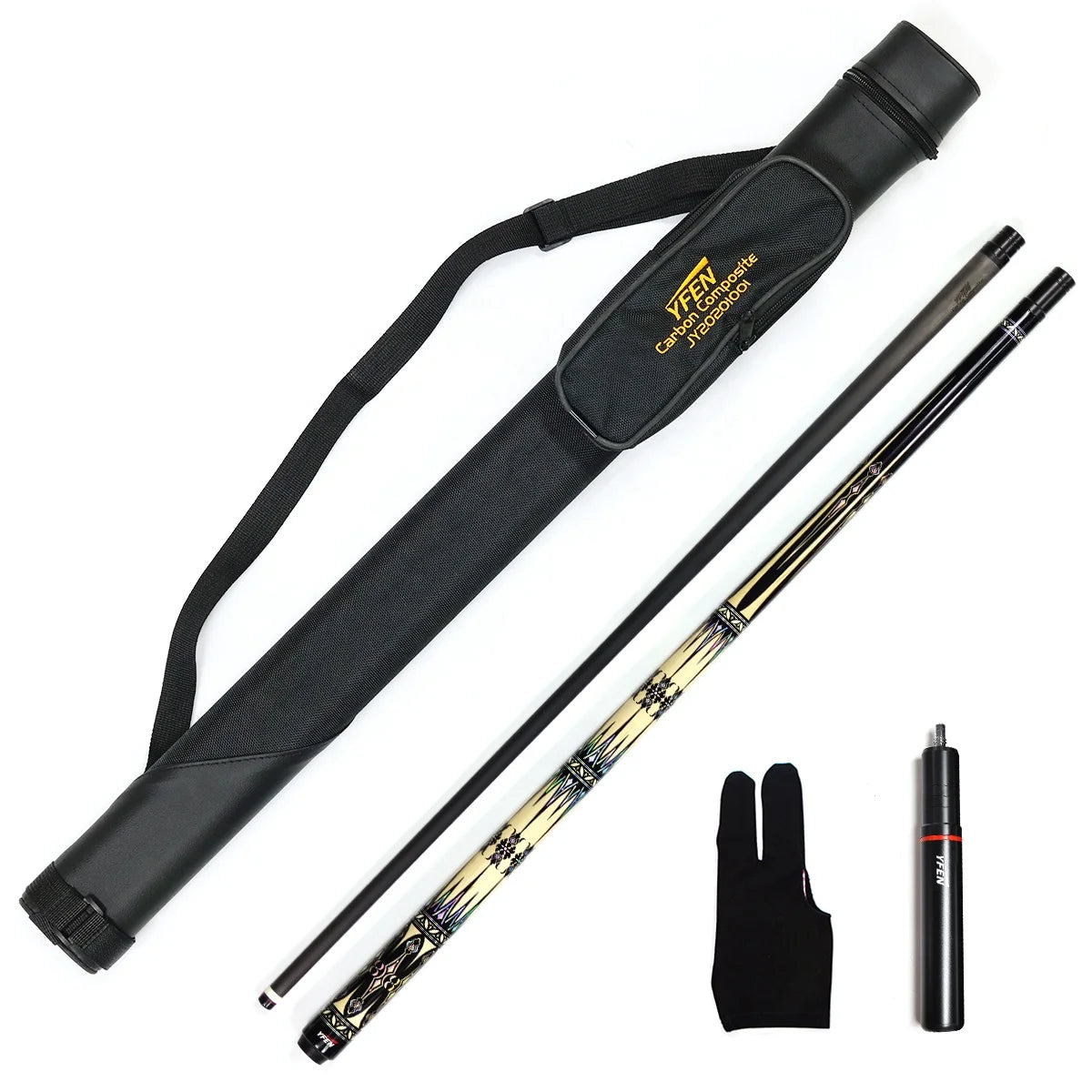 Billiard YFen Carbon Fiber Shaft Maple Wood Butt 1/2 Pool Cue with Telescopic Extension and YF Bag and a Glove Set