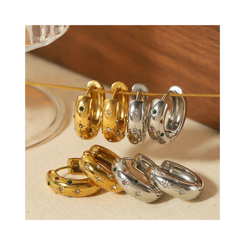 Customized Women's Diamond Bohemian Jewelry Stainless Steel 18K Gold Plated Zircon Huggie Hoop Earrings