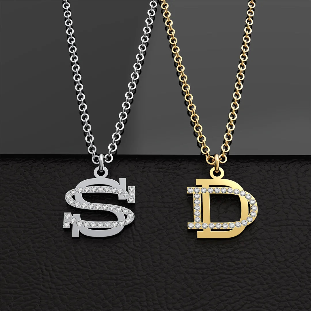 Men's/Women's Stainless Steel Link Chain Necklace Choker a to Z Initial Letter Rhinestone Diamond Accent