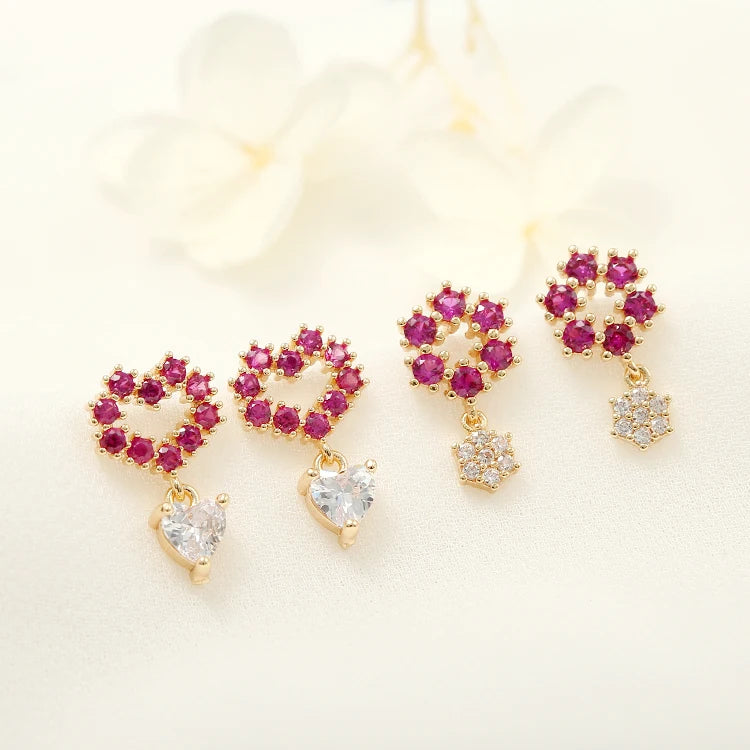 Diy Fashion Design 14K Gold Plated Inlaid Colorful Zircon Heart Shaped Studs for Women's Jewelry Earrings