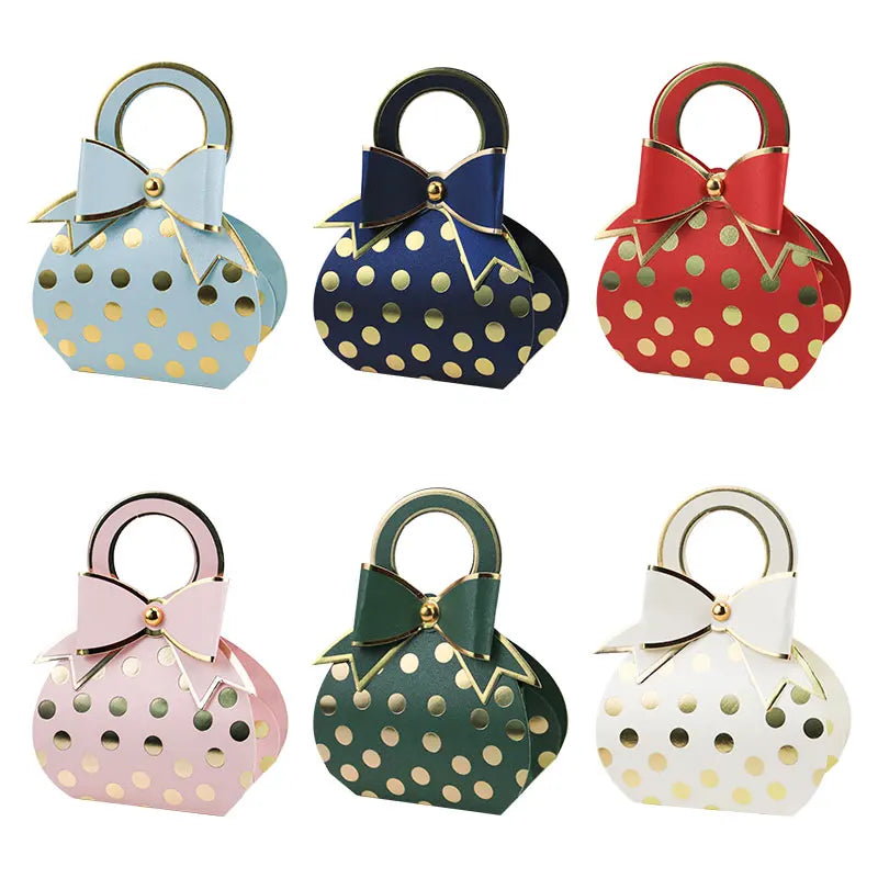 Newly Design Hand Bag Shape Dots Foil Stamping Luxury Party Favor Small Candy Treat Packaging Paper Gift Boxes for Wedding