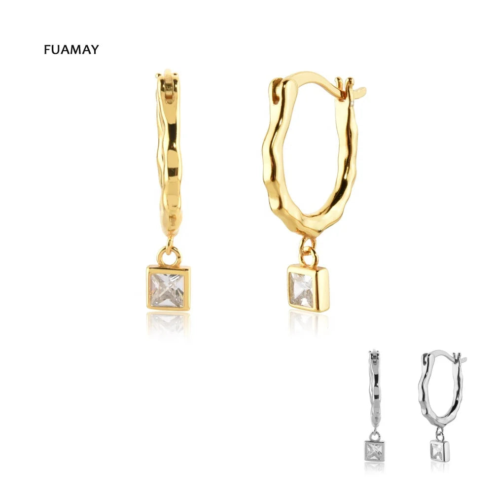 FUAMAY 2021 Gold-Plated 925 Sterling Silver Drop Earrings for Women Square Diamond Brand Fashion Accessories for Wedding & Party