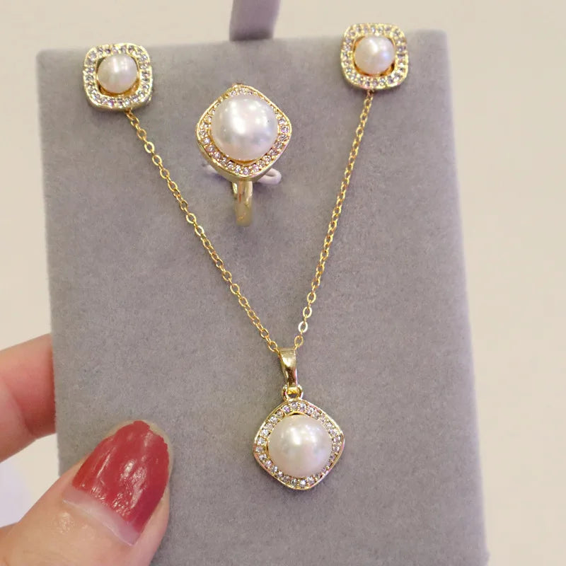 Luxury Women Inlaid Cz Pearl Jewelry Sets Chic Freshwater Pearl Pendant Necklace Earrings Ring Set for Wedding Bride