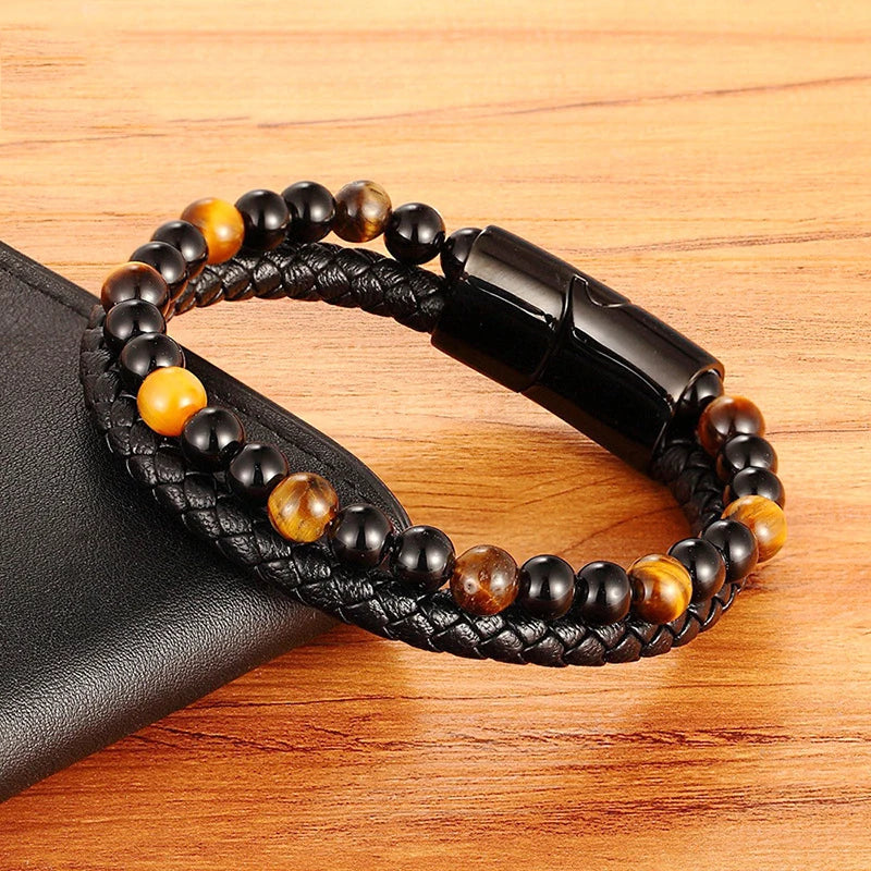 Wholesale Punk Style Natural Stone Beaded Magnetic Clasp Wrap Leather Bracelet Jewelry for Men