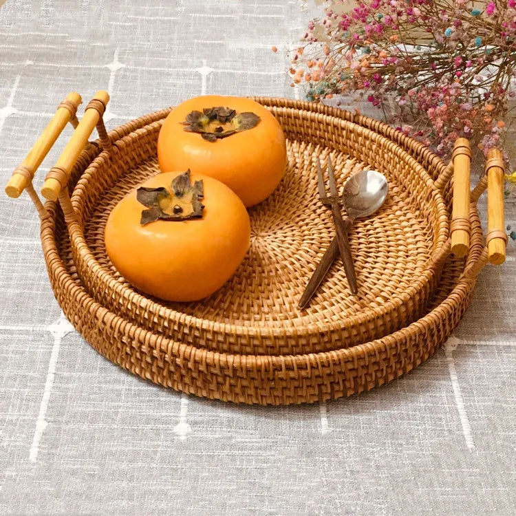 Eco-friendly Hand Woven Food Container Round Rattan Tray Storage Trays Daily Life High Level 5-7 Days 7-28days OPP Bag Stocked