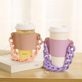 Reusable Coffee Cup Holder with Handle PU Leather  Anti Scalding Anti Freezing Drinks Carrier Cover with Multiple Chain Styles